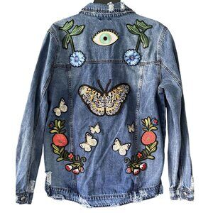 Arrive Denim Jacket Patches Distressed XL Boho Hippie Unique Fall